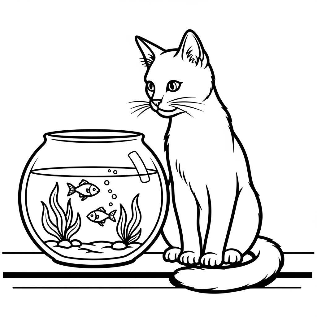 Desenho de Gato e Peixes para Colorir