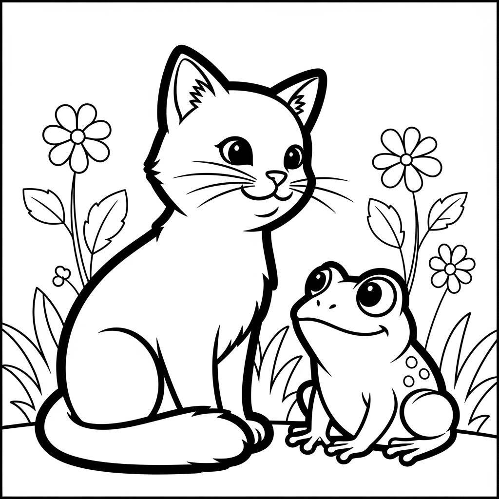 Cat and Frog Coloring Page