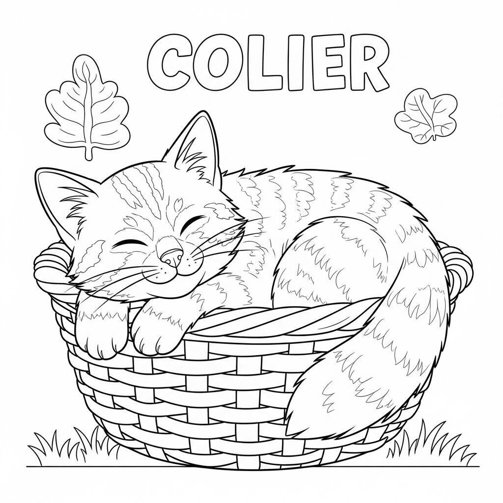 Desenho de Gato na Cesta para Colorir