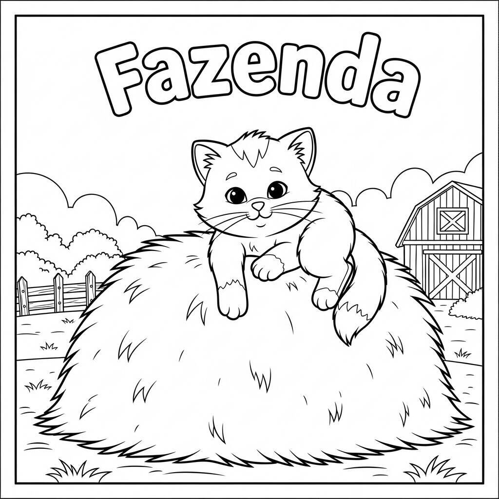 Desenho de Gato na Fazenda para Colorir