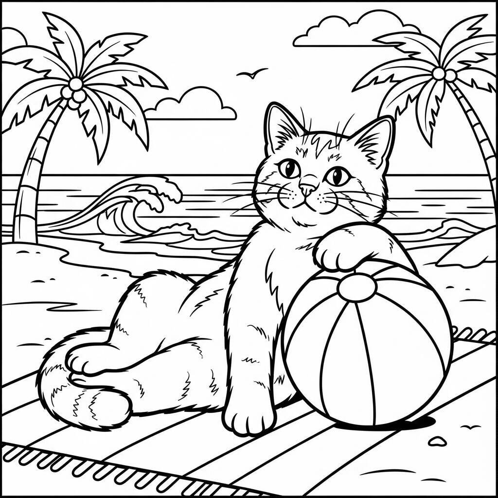 Cat on the Beach Coloring Page