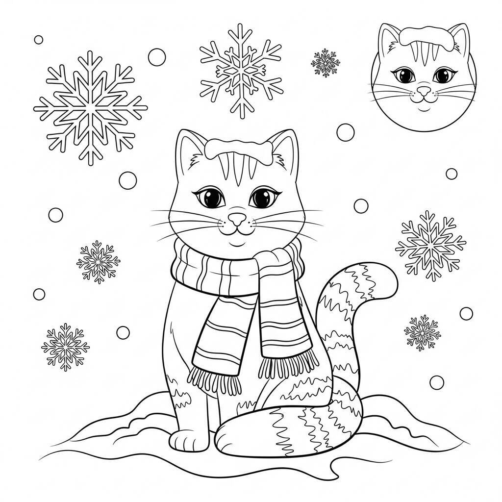 Cat in Winter Coloring Page