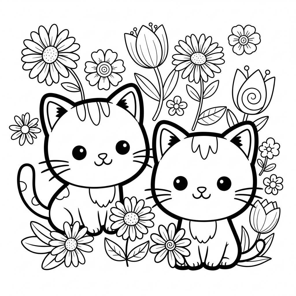 Desenho de Gatos Kawaii para Colorir