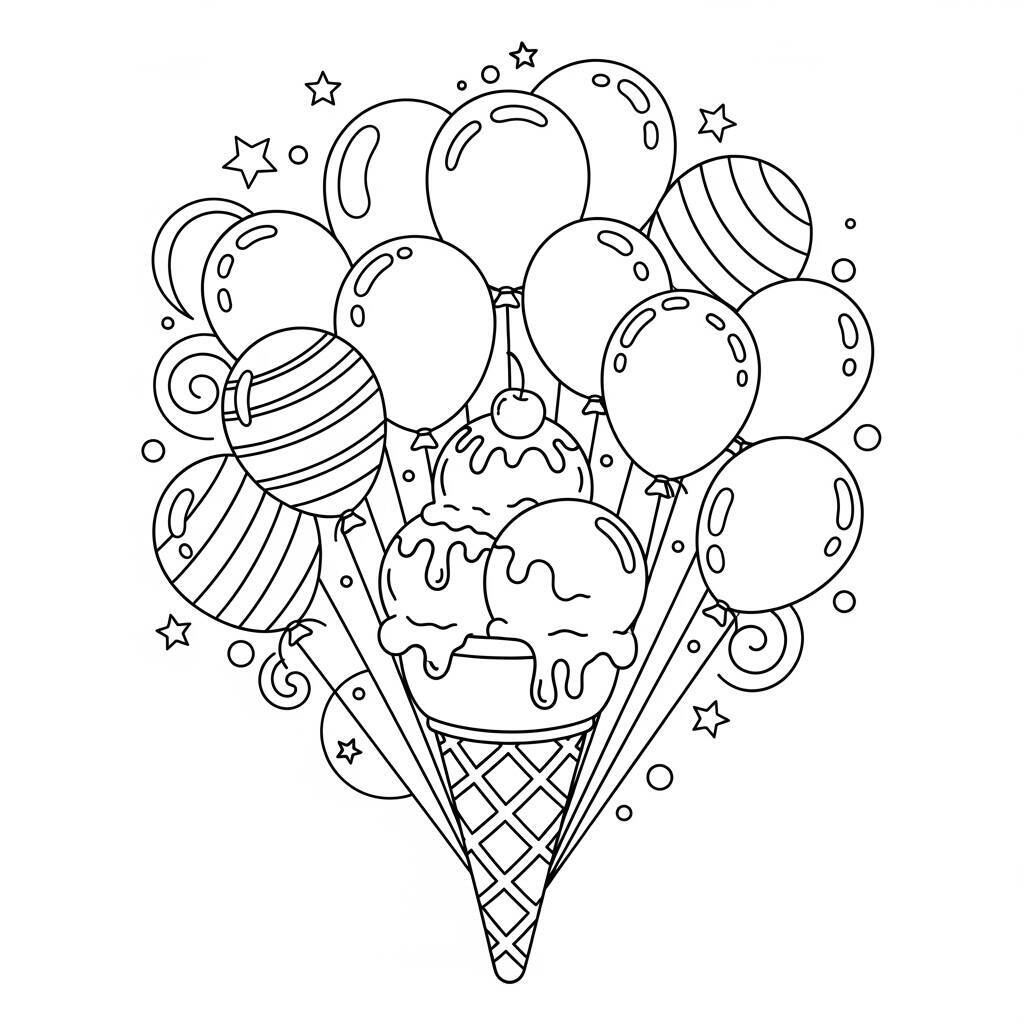 Pagina da colorare di gelato con palloncini