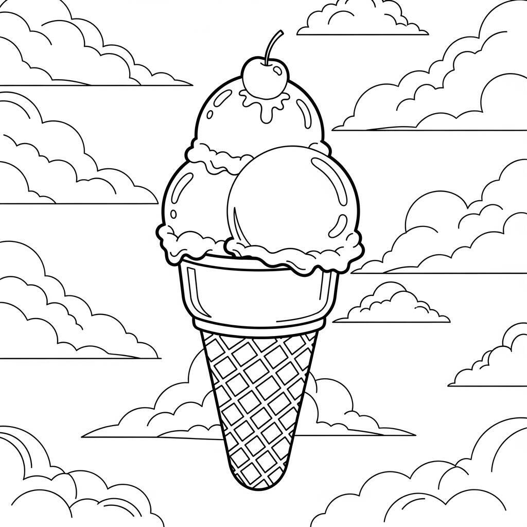 Pagina da colorare di gelato e nuvole