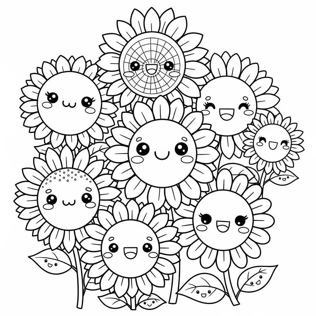 Desenho de Girassóis Kawaii para Colorir