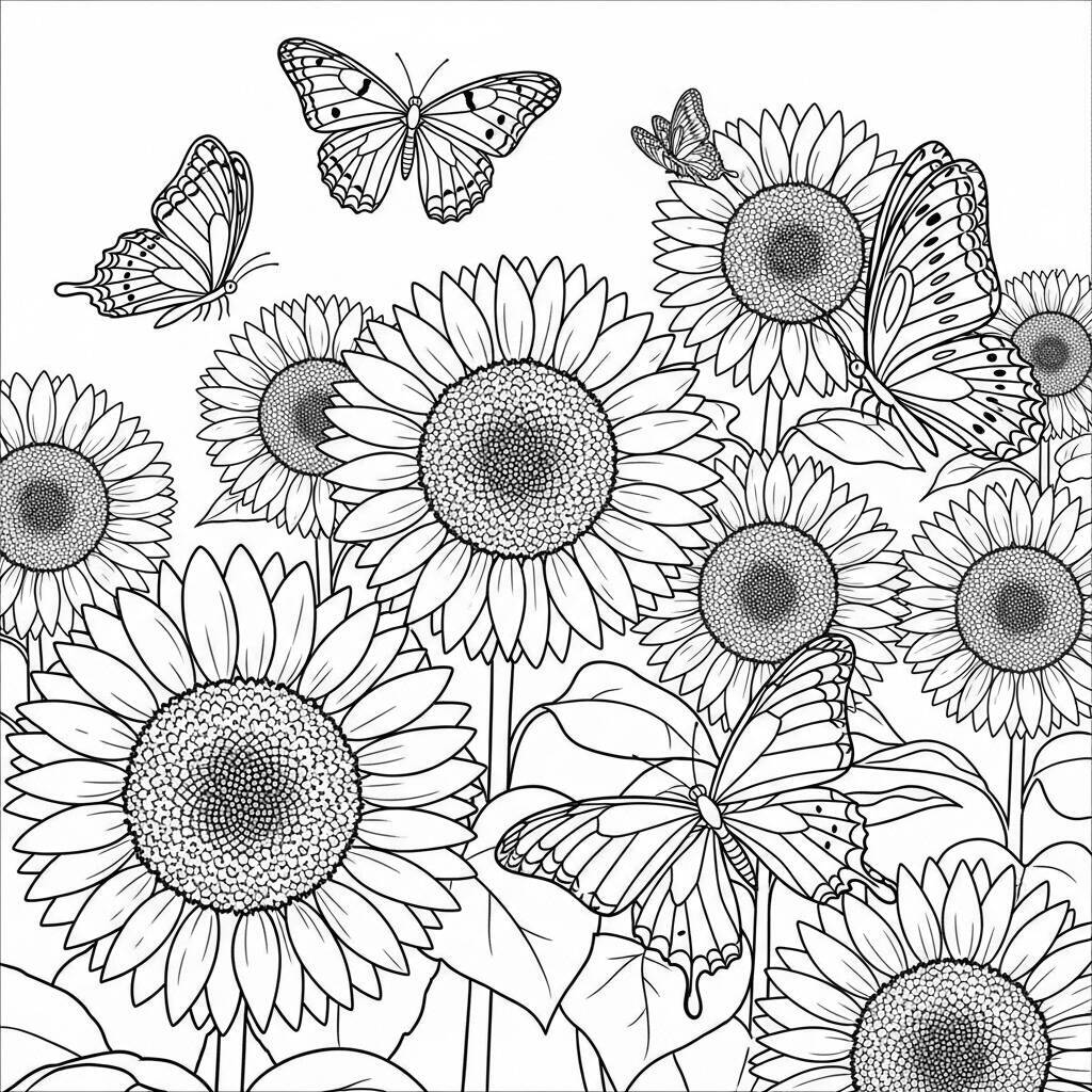 Desenho de Girassóis com Borboletas para Colorir