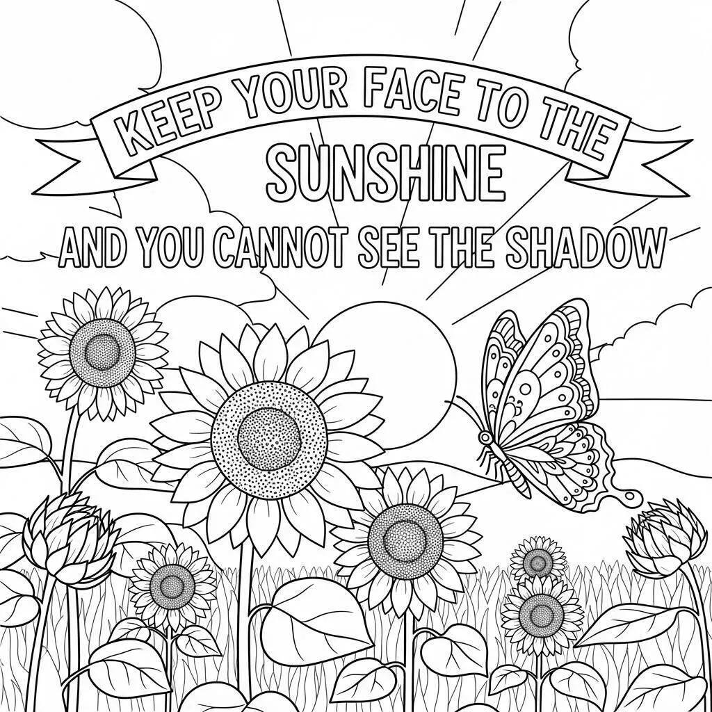 Desenho de Girassóis com Mensagem Positiva para Colorir