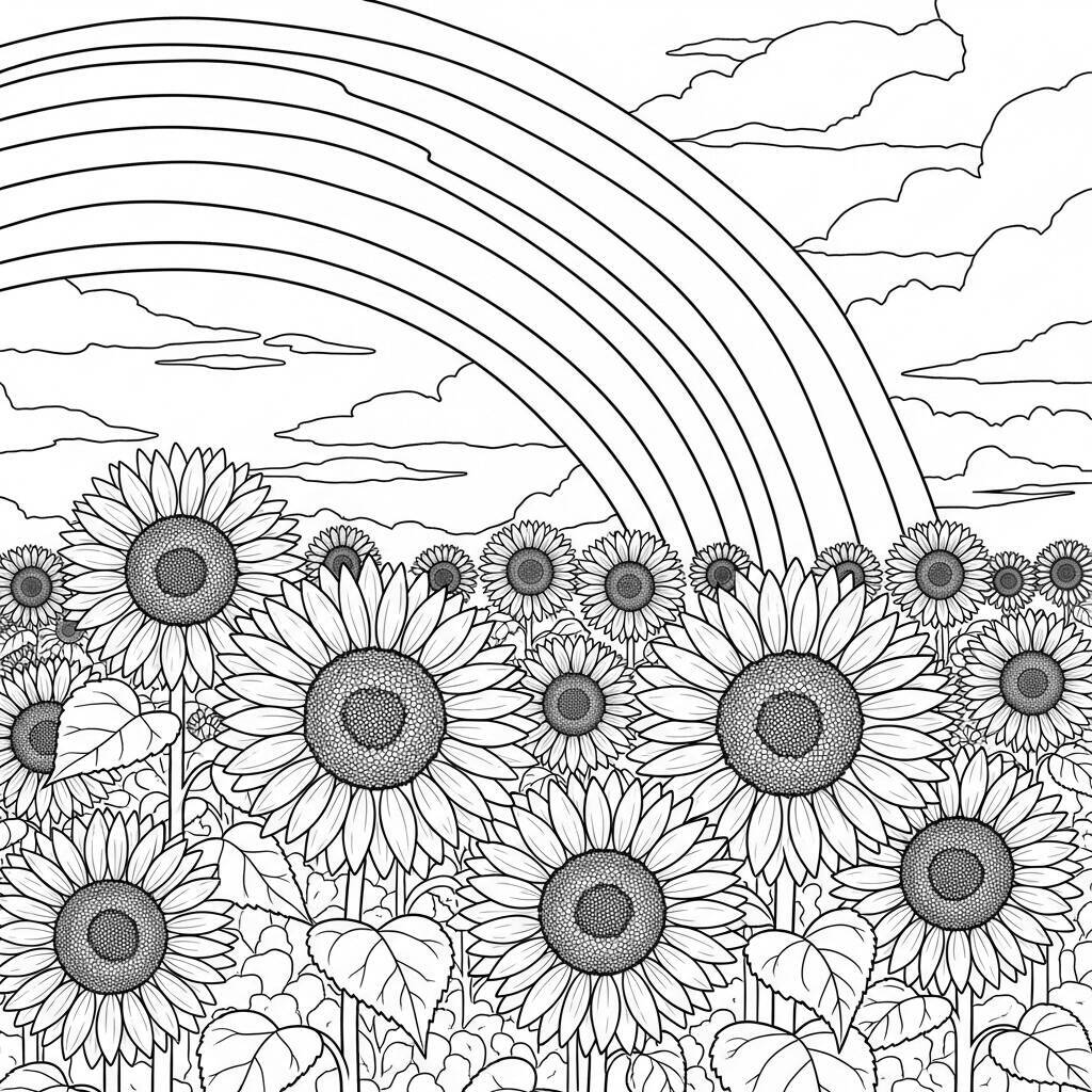 Desenho de Girassóis e Arco-íris para Colorir