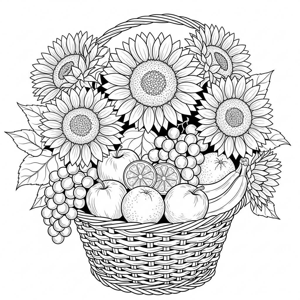 Desenho de Girassóis e Cestinha para Colorir
