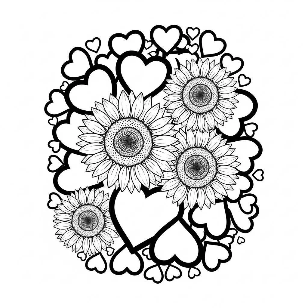 Desenho de Girassóis e Corações para Colorir