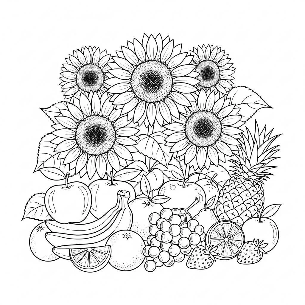 Desenho de Girassóis e Frutas para Colorir