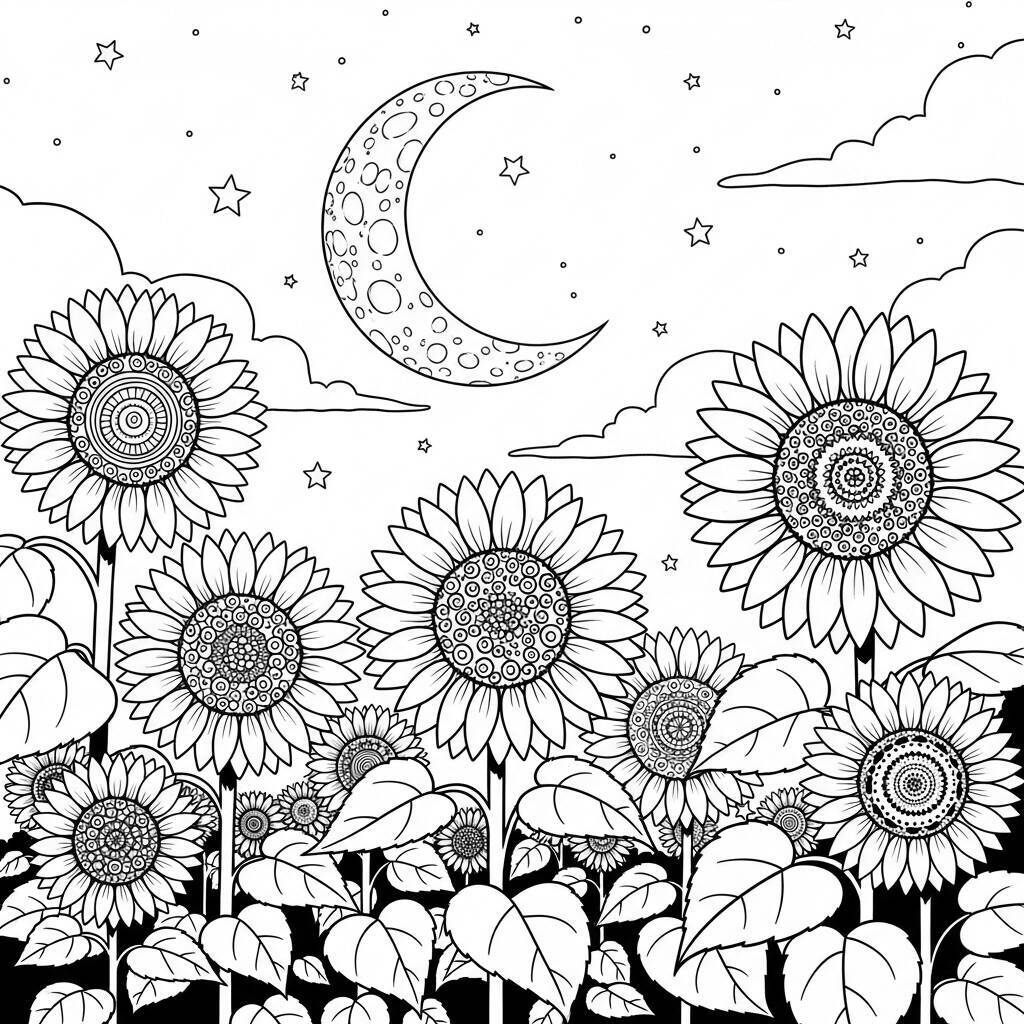 Desenho de Girassóis e Lua para Colorir