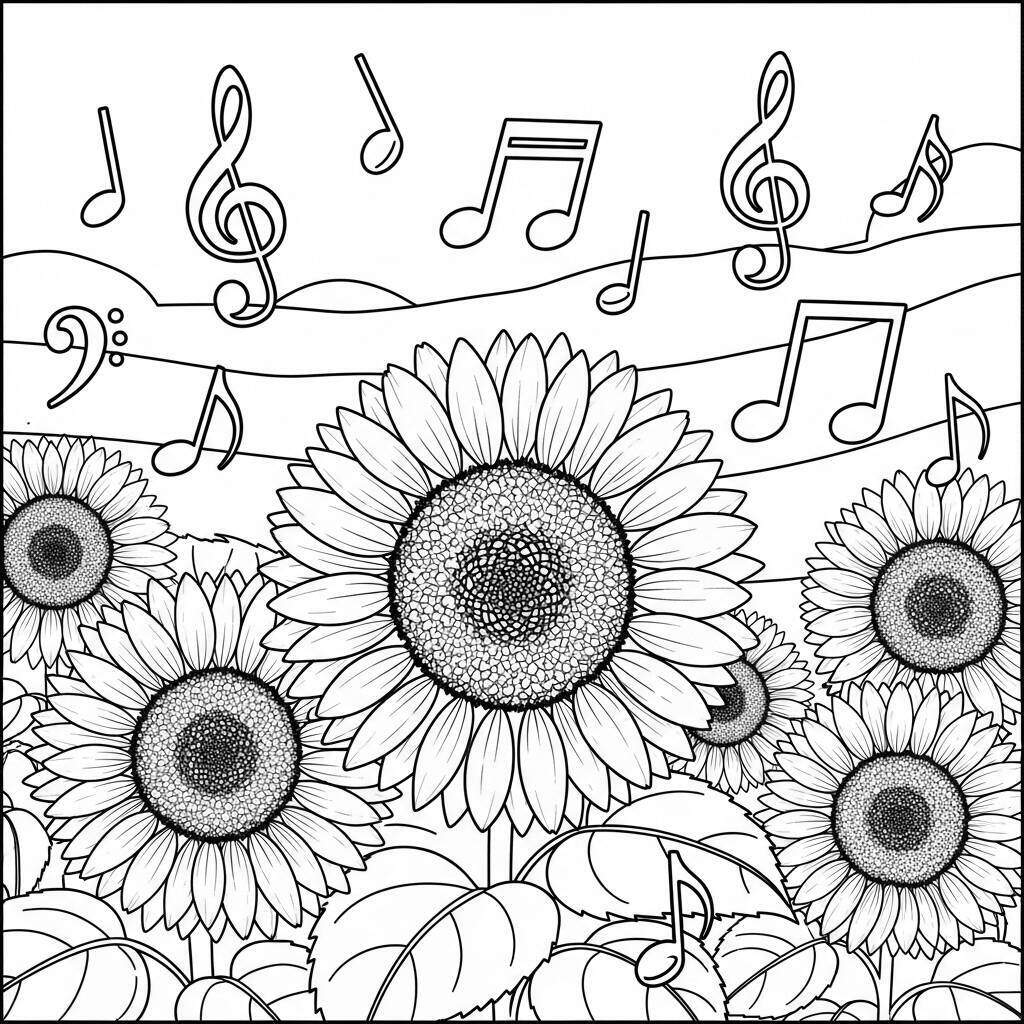 Desenho de Girassóis e Música para Colorir