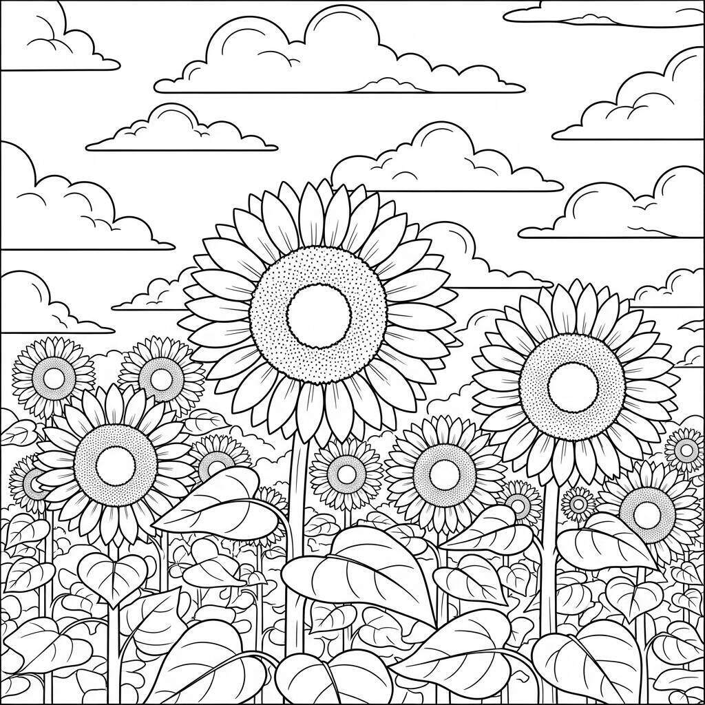 Desenho de Girassóis e Nuvens para Colorir