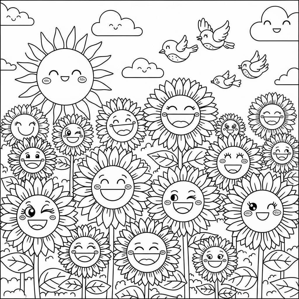 Desenho de Girassóis e Sorrisos para Colorir