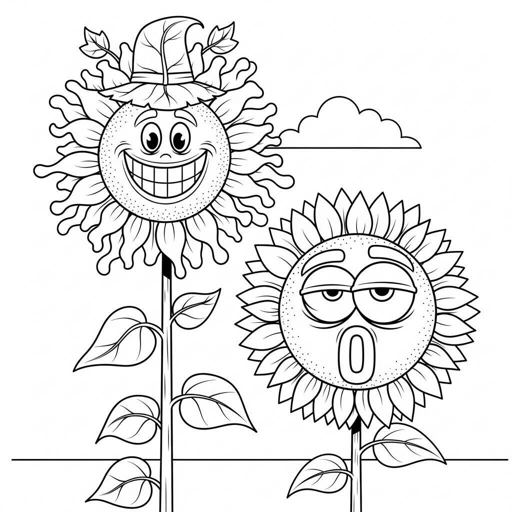 Desenho de Girassóis em Estilo Cartoon para Colorir