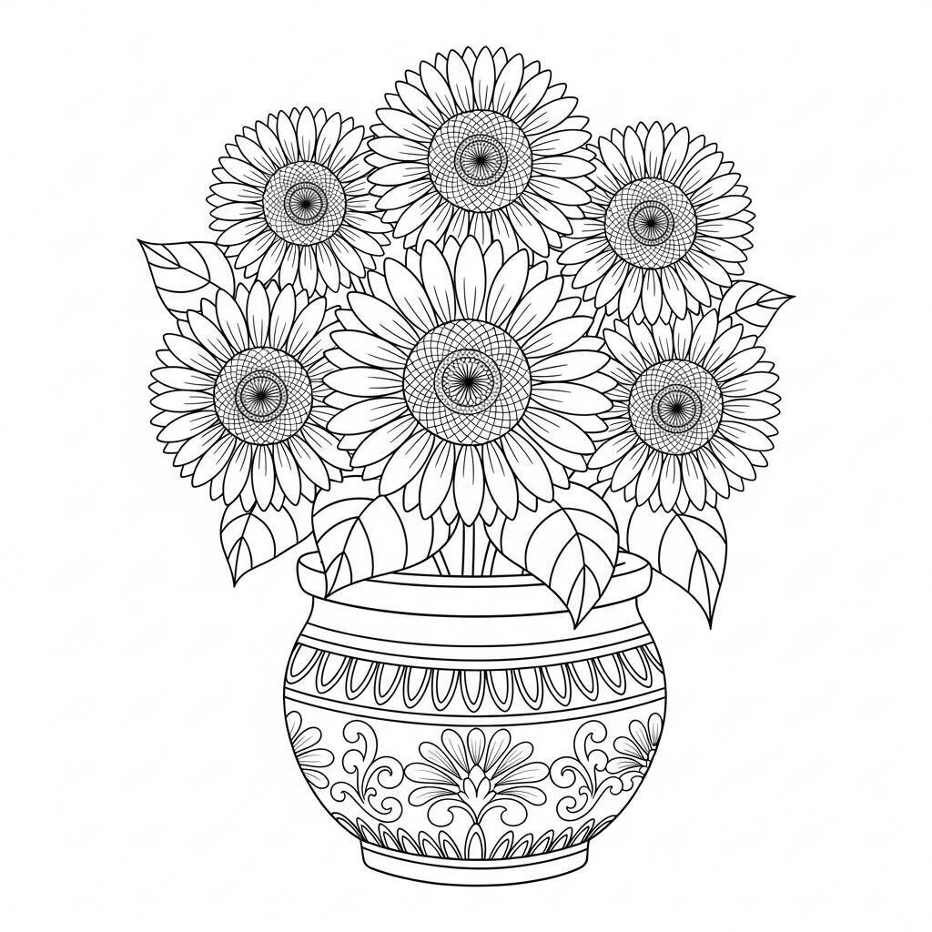 Desenho de Girassóis em Vaso para Colorir