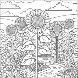 Desenho de Girassóis no Jardim para Colorir