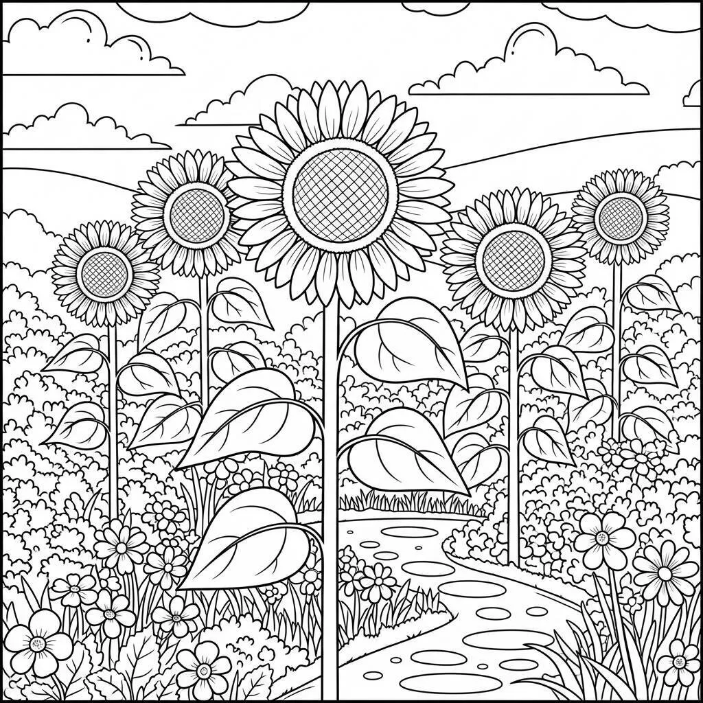 Desenho de Girassóis no Jardim para Colorir