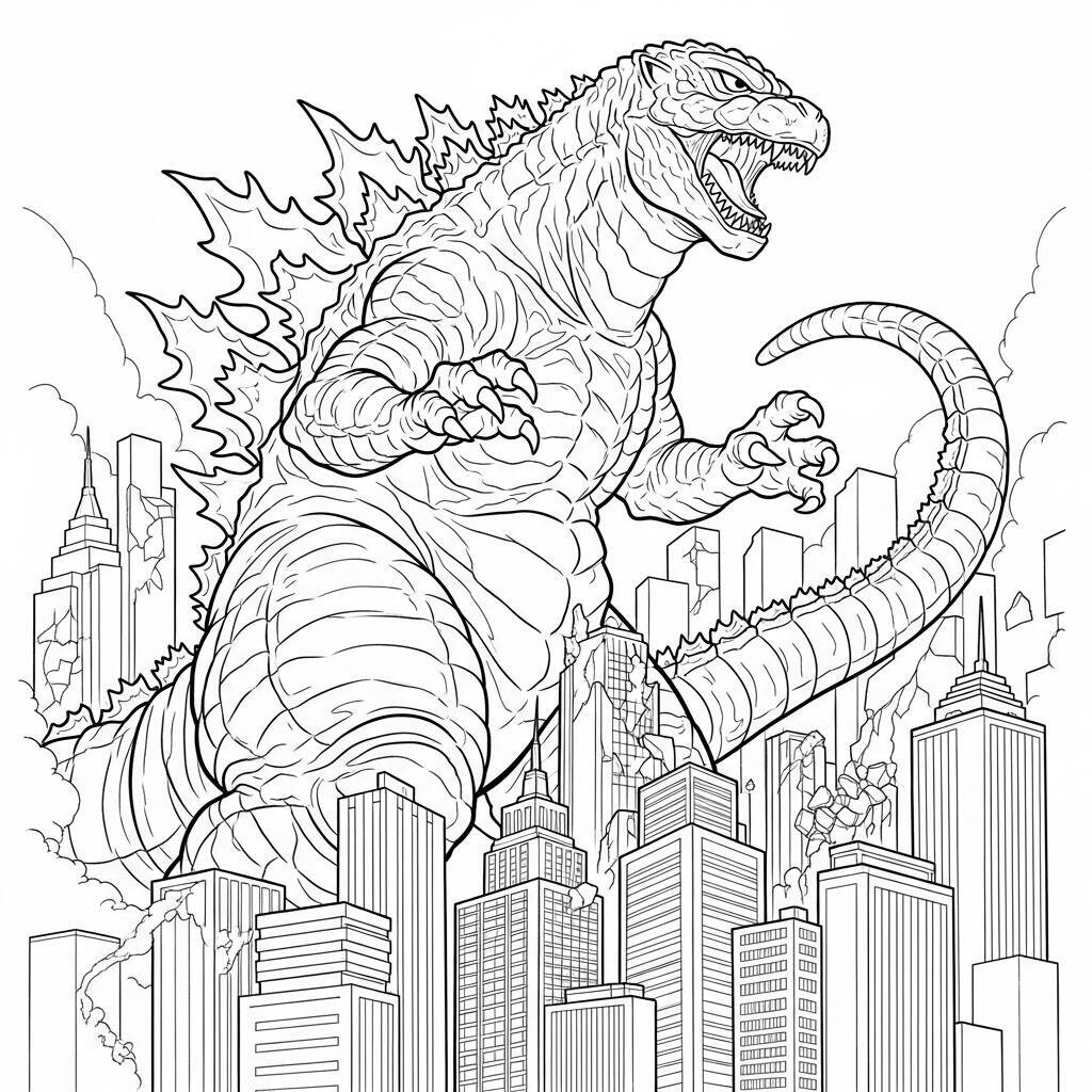 Ausmalbilder Godzilla mit Städten