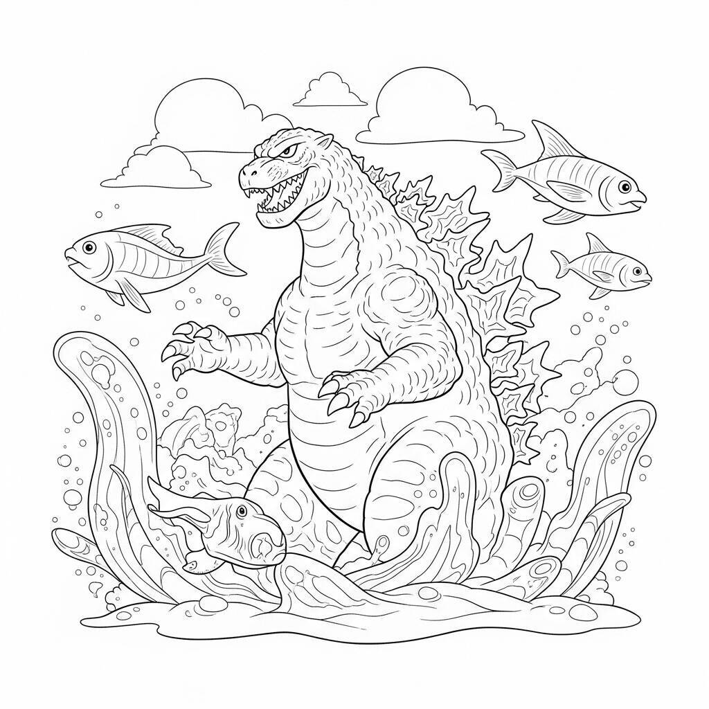 Malvorlage „Godzilla und Meeresbewohner“.