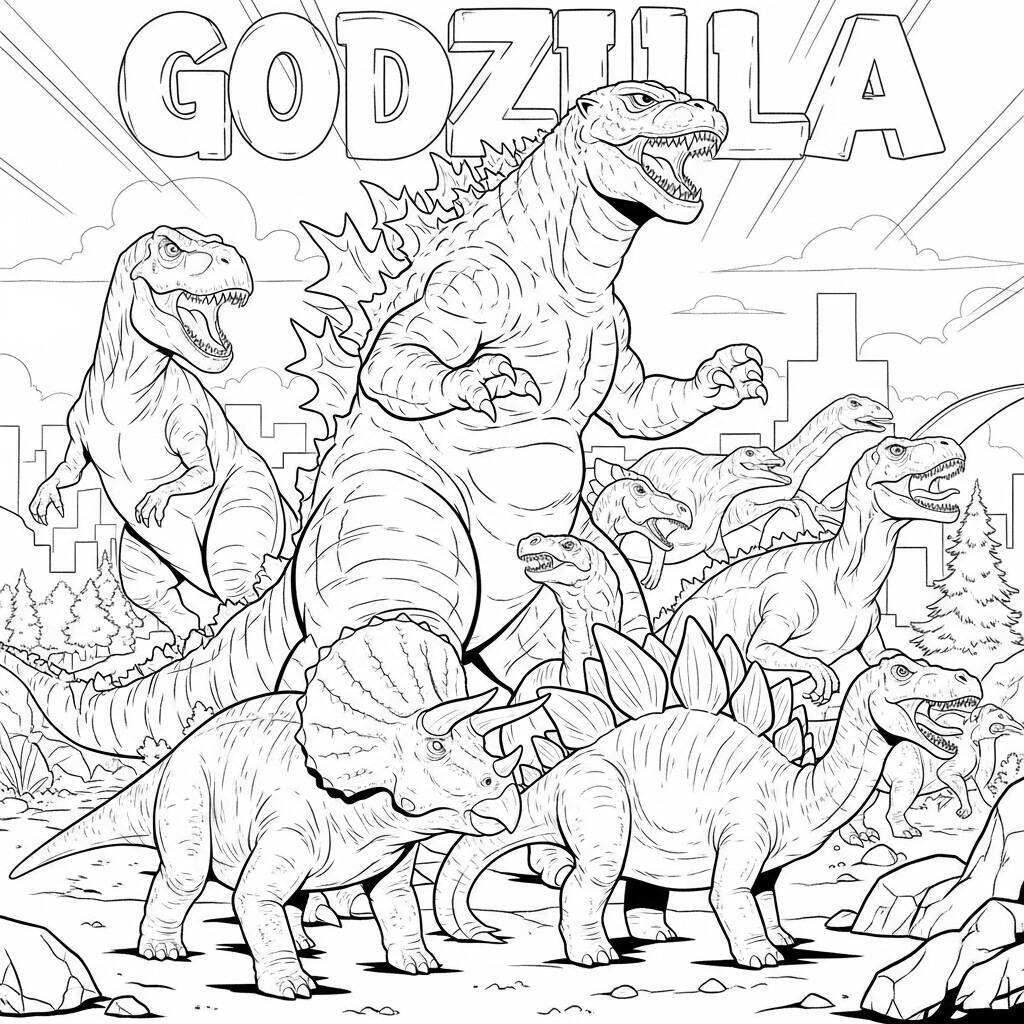 Ausmalbilder „Godzilla und Dinosaurier“.