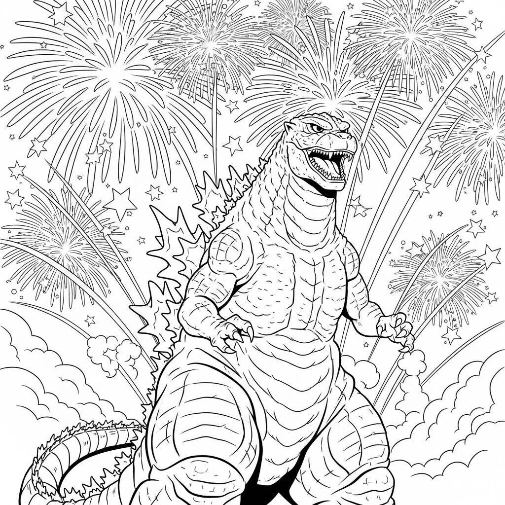 Ausmalbilder „Godzilla und Feuerwerk“.