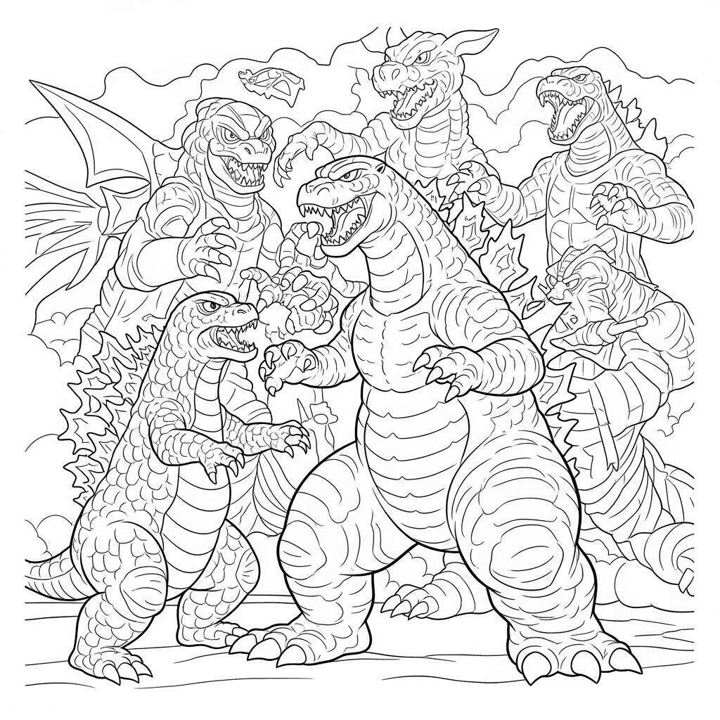 Ausmalbilder „Godzilla und Monster“.
