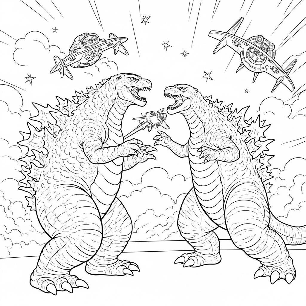 Ausmalbilder „Godzilla und Raumschiffe“.