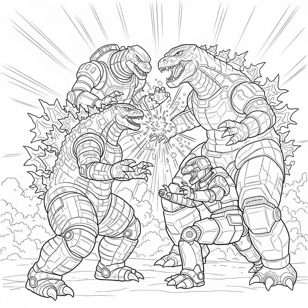 Ausmalbilder „Godzilla und Roboter“.