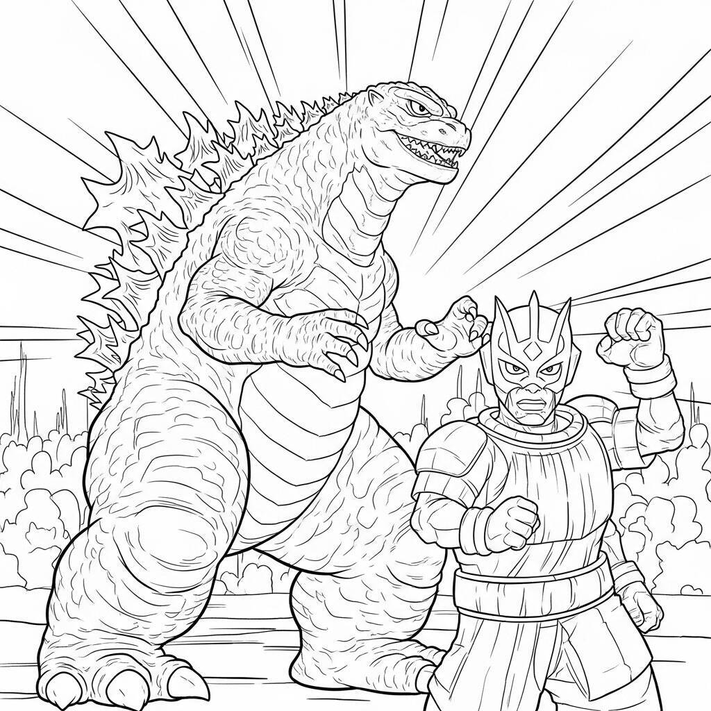 Ausmalbilder „Godzilla und ein Superheld“.