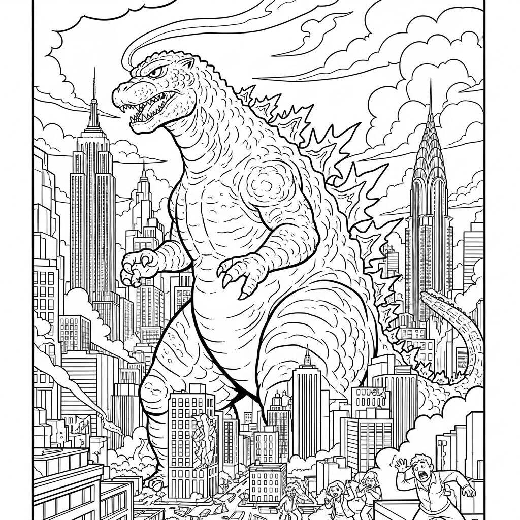 Malvorlage „Godzilla und New York City“.