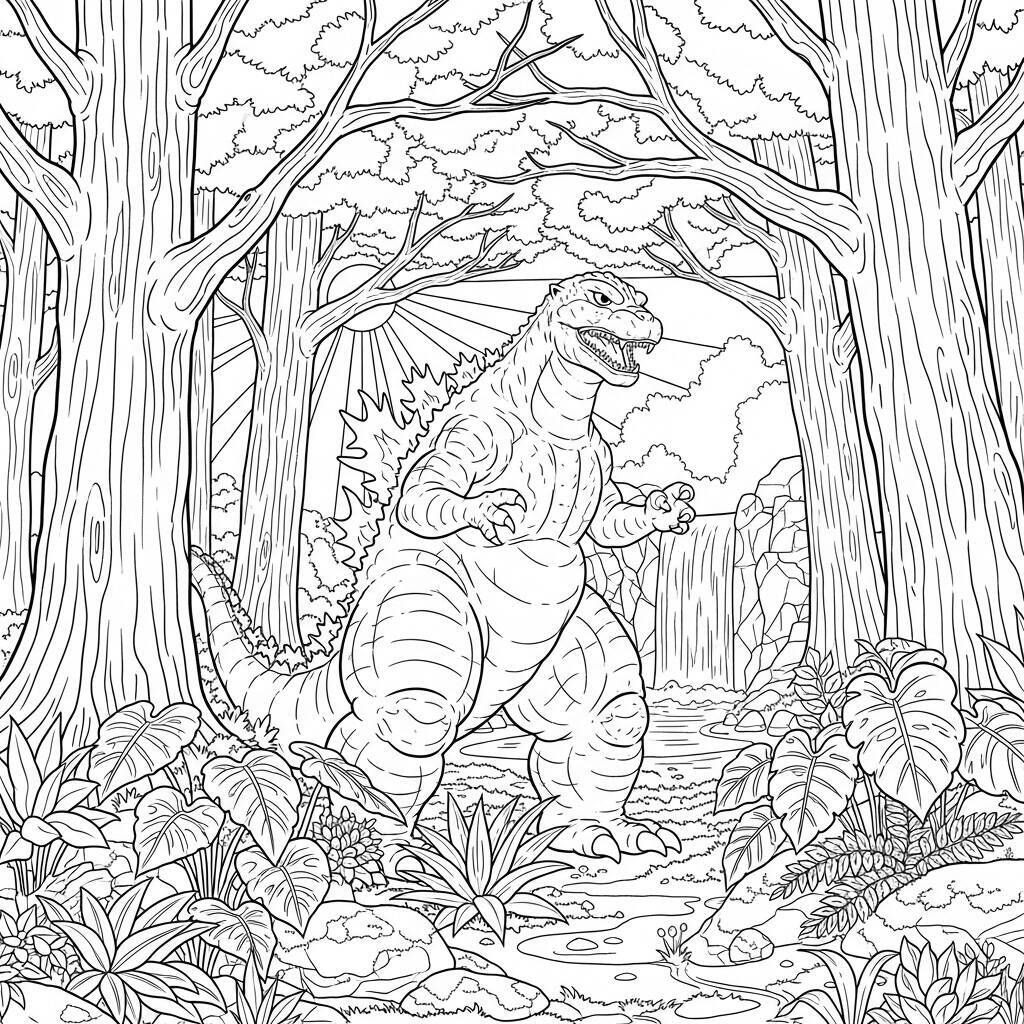 Ausmalbilder „Godzilla und die Natur“.