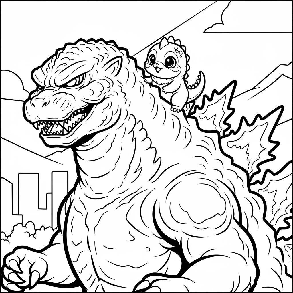 Ausmalbilder „Godzilla und sein Freund“.