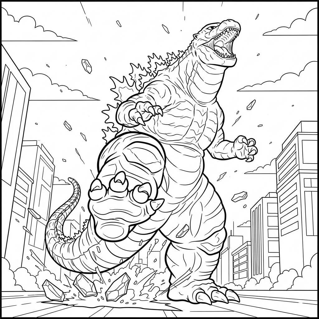 Ausmalbilder „Godzilla in Aktion“.