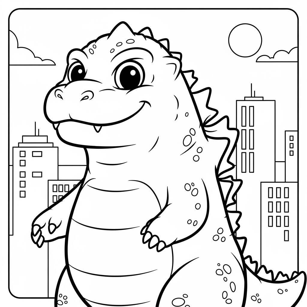 Godzilla-Malseite im Cartoon-Stil