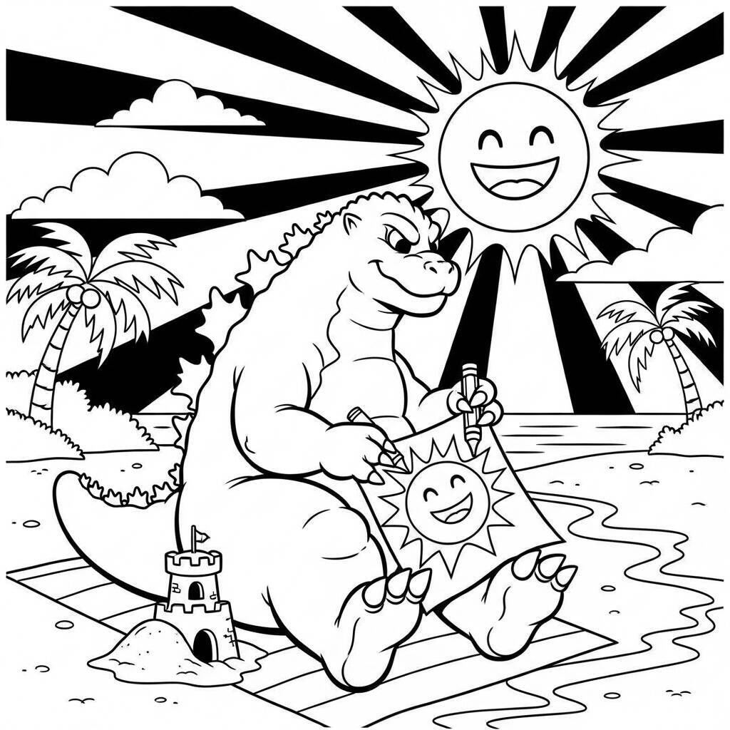Ausmalbilder „Godzilla an einem sonnigen Tag“.