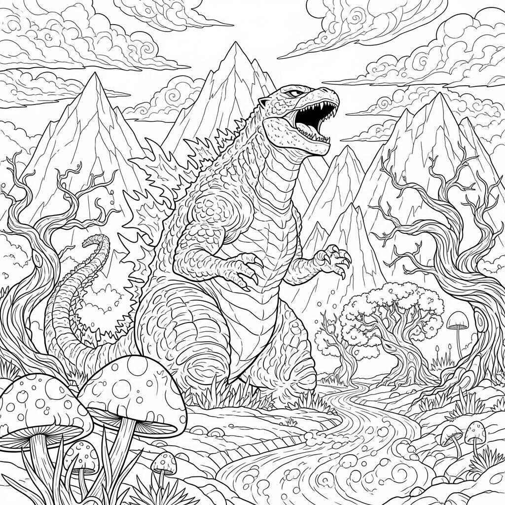 Ausmalbilder „Godzilla in einer fantastischen Welt“.