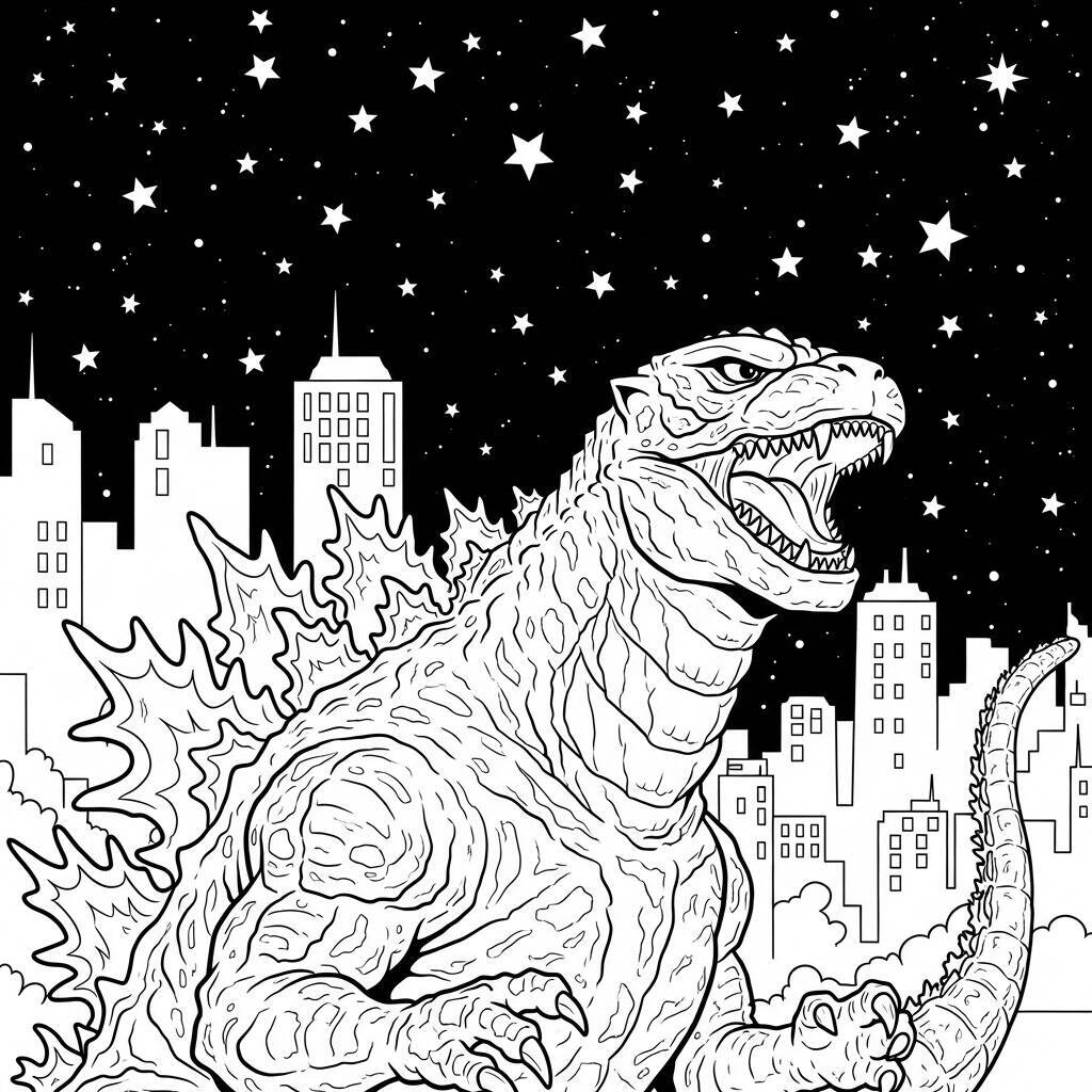 Ausmalbilder Godzilla bei Nacht