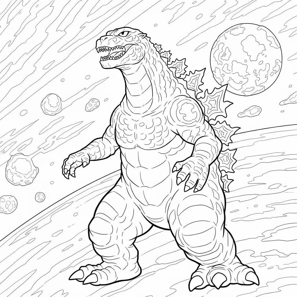 Ausmalbilder „Godzilla im Weltraum“.