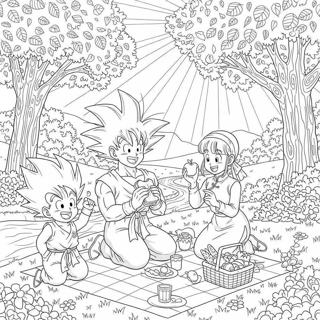Desenho de Goku com sua família para Colorir