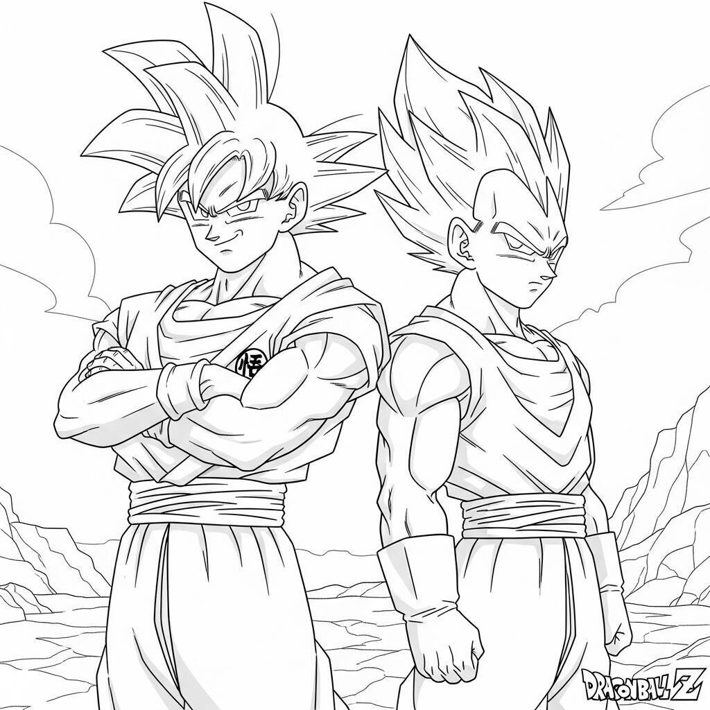 Desenho de Goku e Vegeta juntos para Colorir