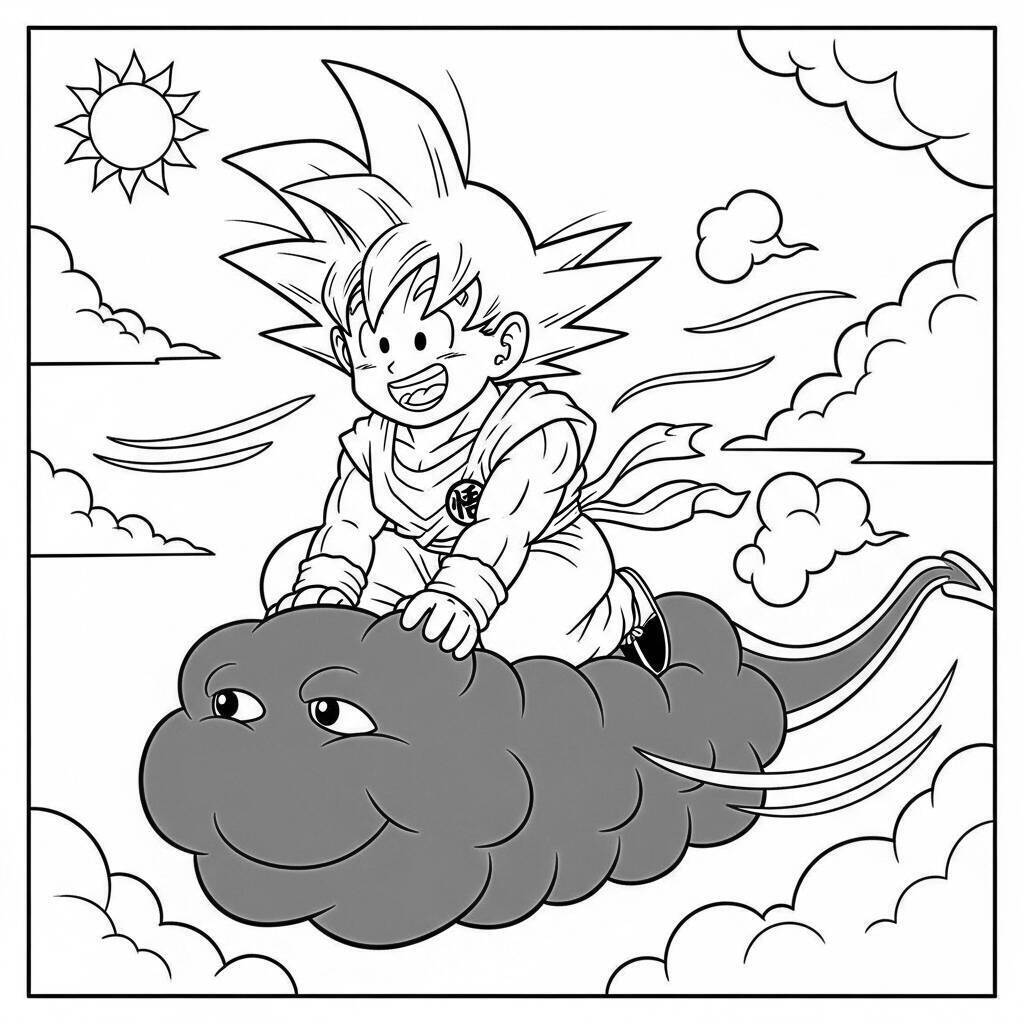 Coloriage Goku sur son Nimbus