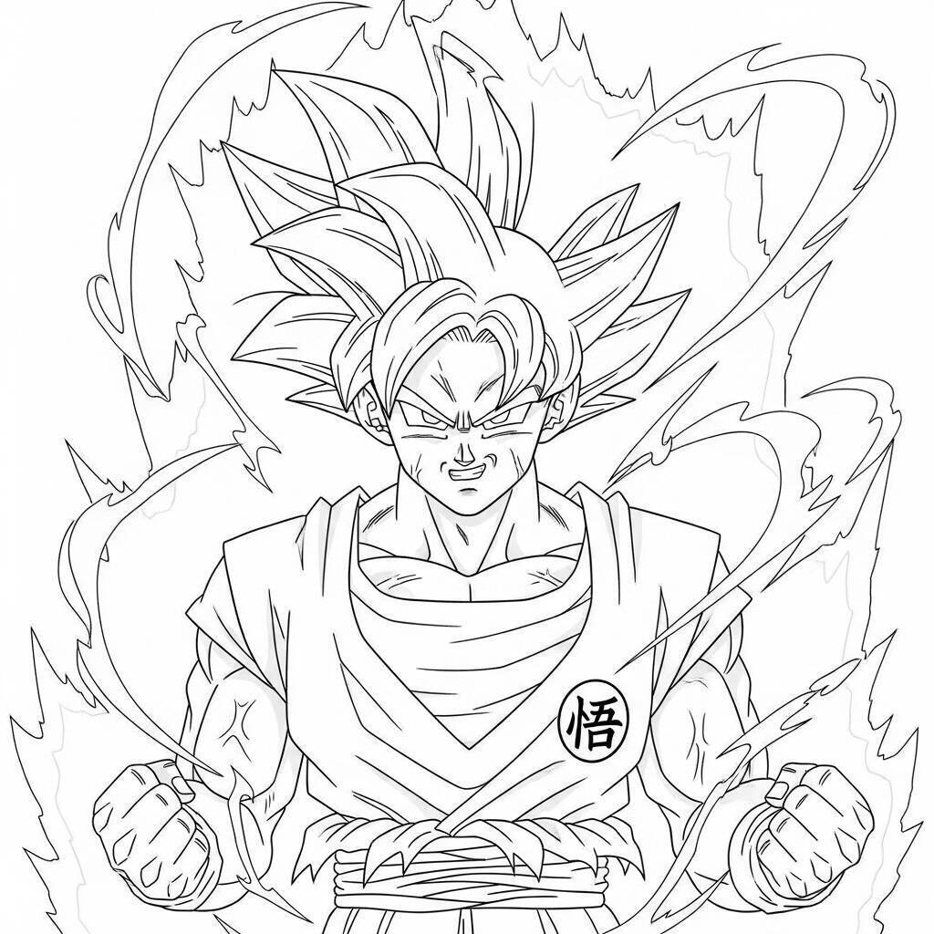 Dessin de Goku dans une scène de transformation à colorier