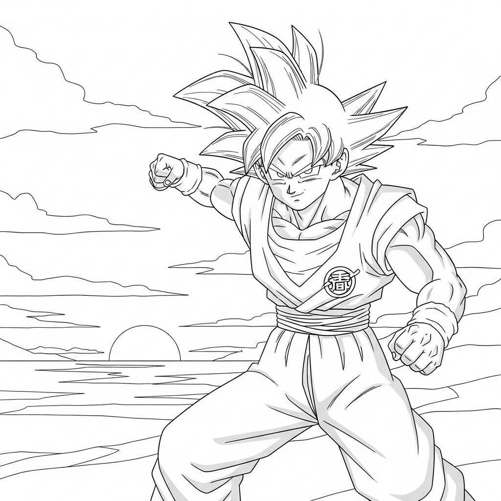 Coloriage Goku dans une pose héroïque
