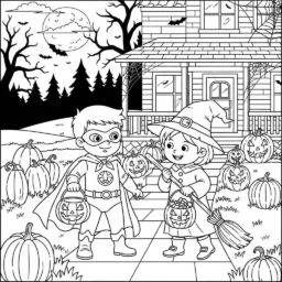 Desenho de Halloween com Crianças para Colorir