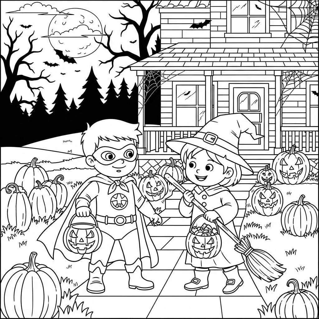 Desenho-de-Halloween-com-Criancas-para-Colorir Desenho de Halloween com Crianças para Colorir