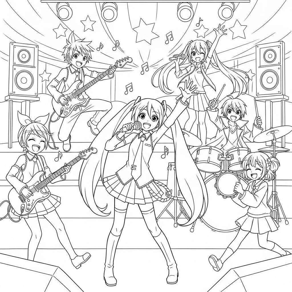 Hatsune Miku con gli amici da colorare