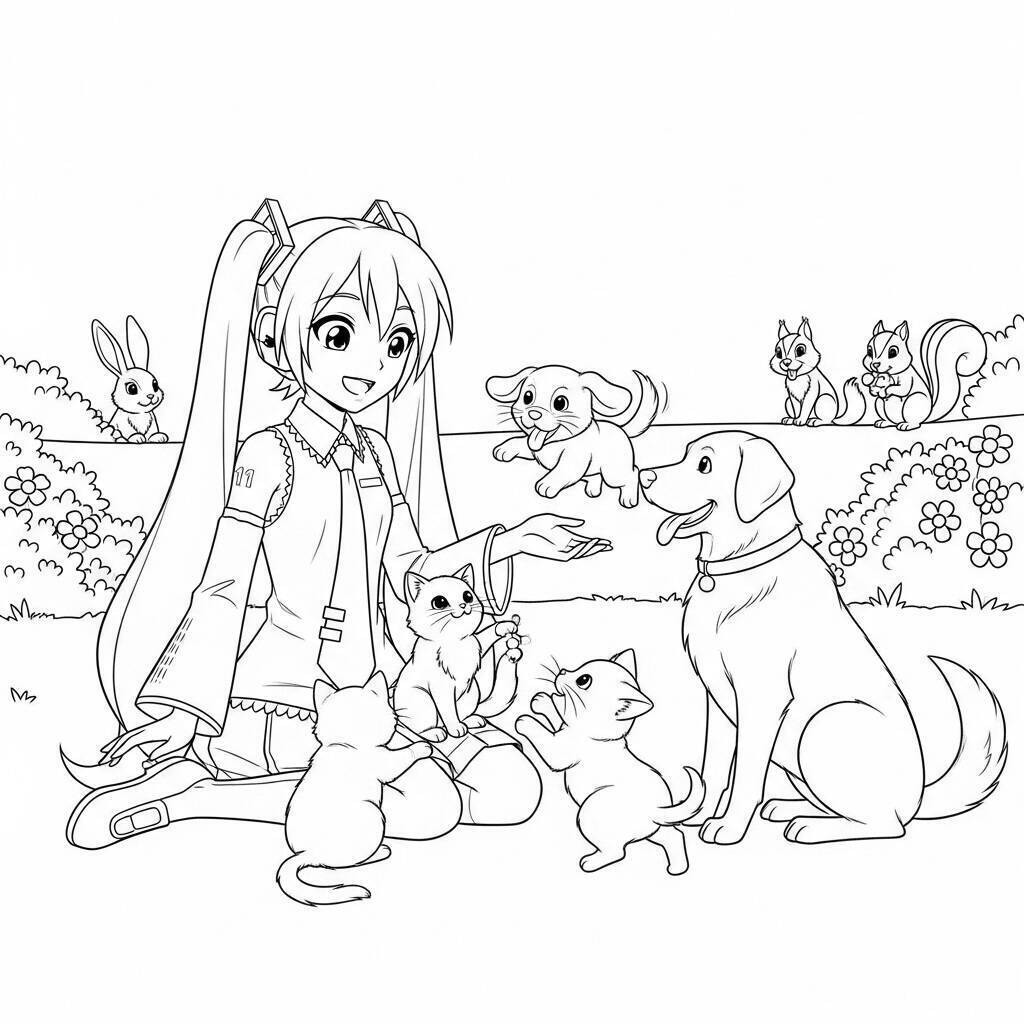 Pagina da colorare di Hatsune Miku con gli animali